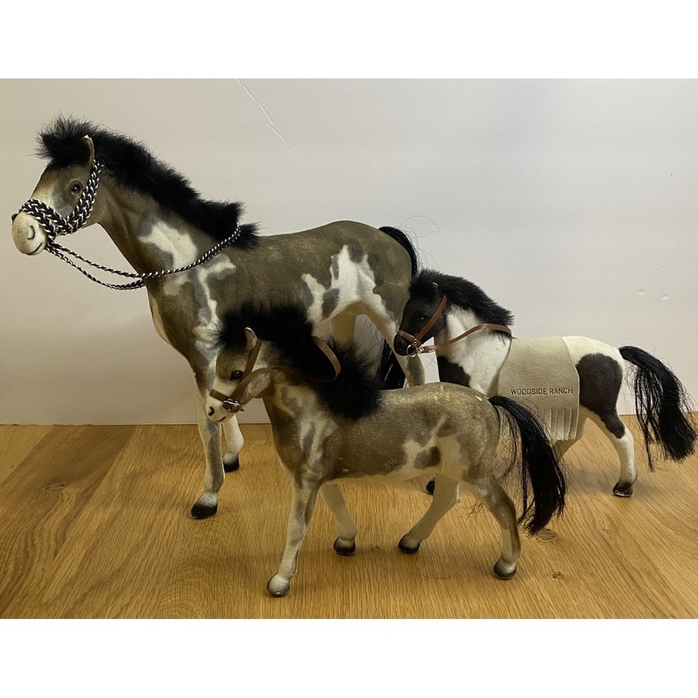 Lot of 3 Flocked Pinto Horses Tobiano Mare Foal‎ w/Tack Stone Critters Figures